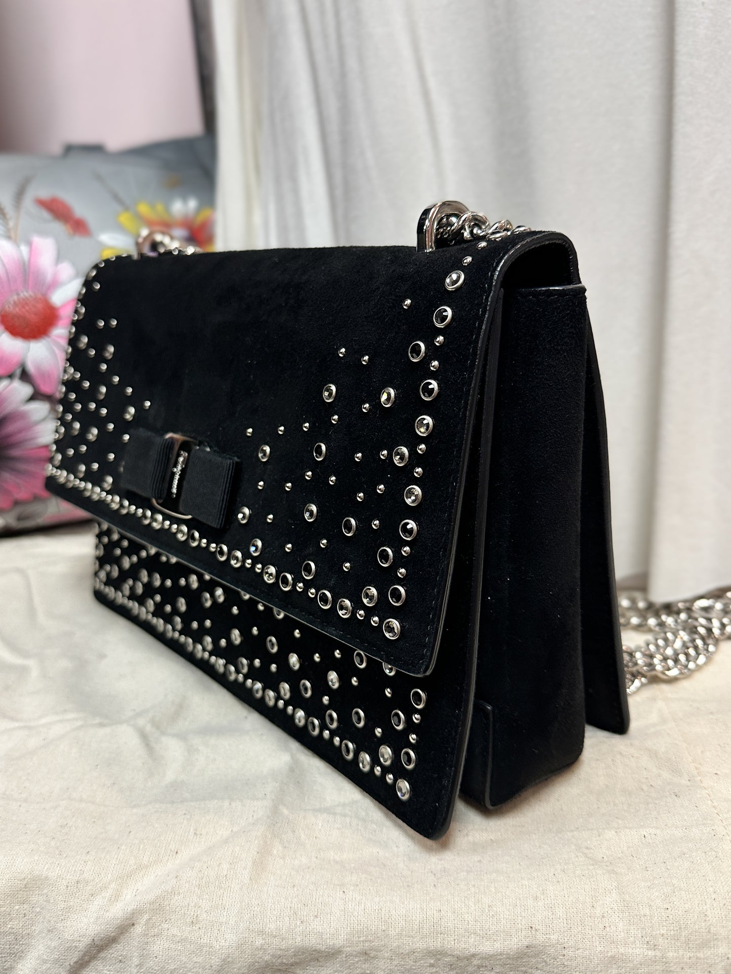 Ferragamo Suede Studded Black Crossbody Bag