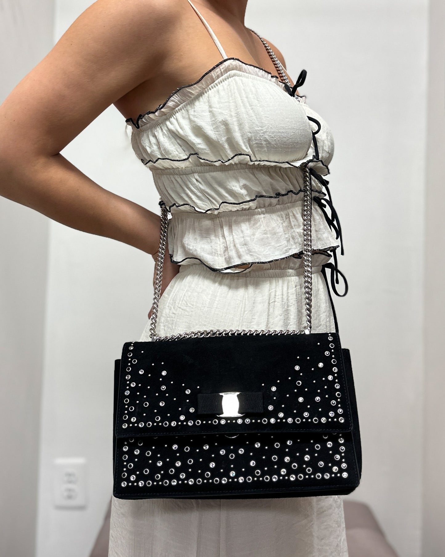 Ferragamo Suede Studded Black Crossbody Bag