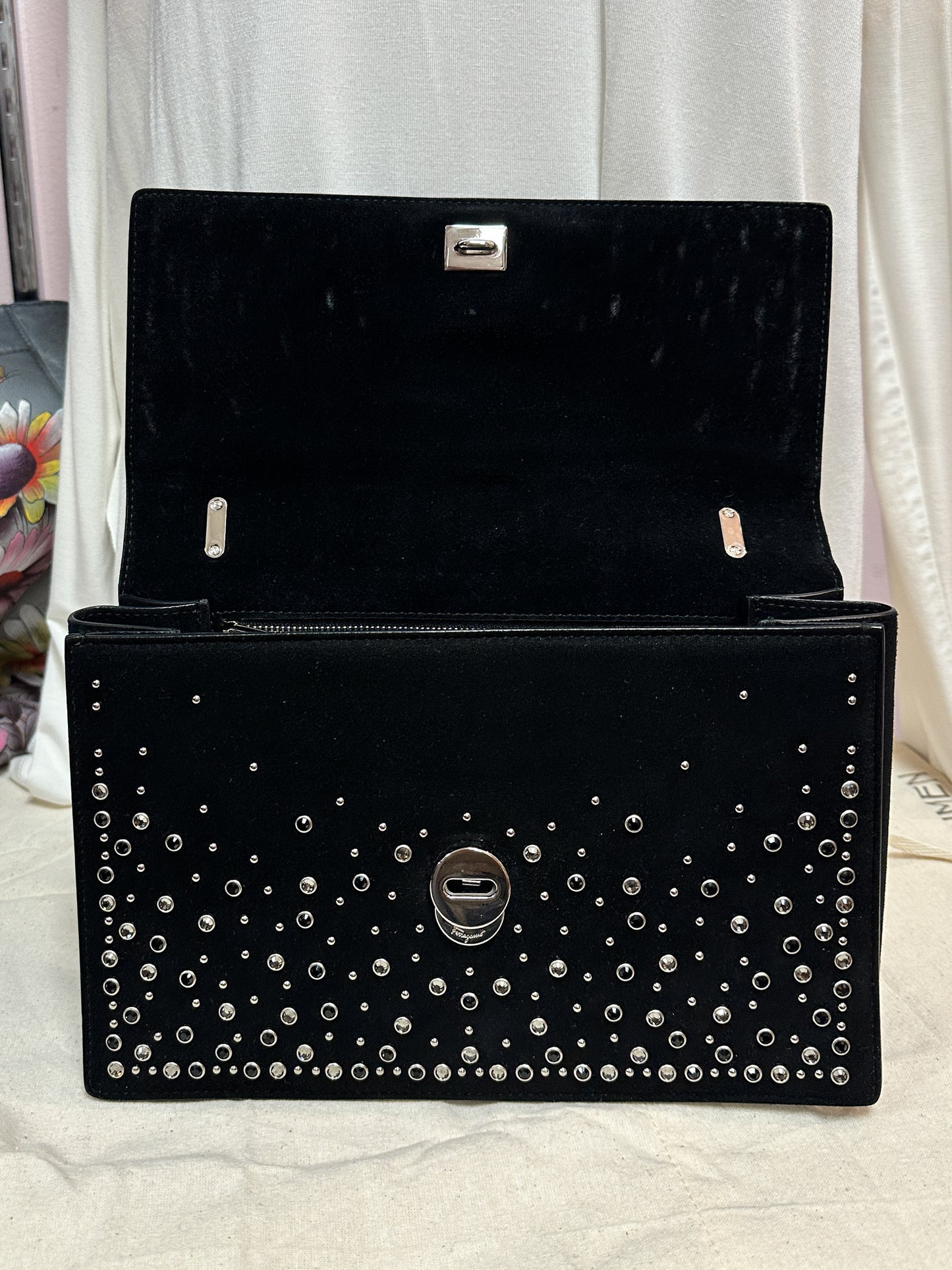 Ferragamo Suede Studded Black Crossbody Bag