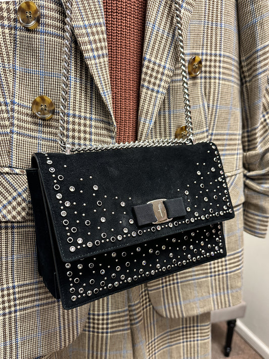 Ferragamo Suede Studded Black Crossbody Bag
