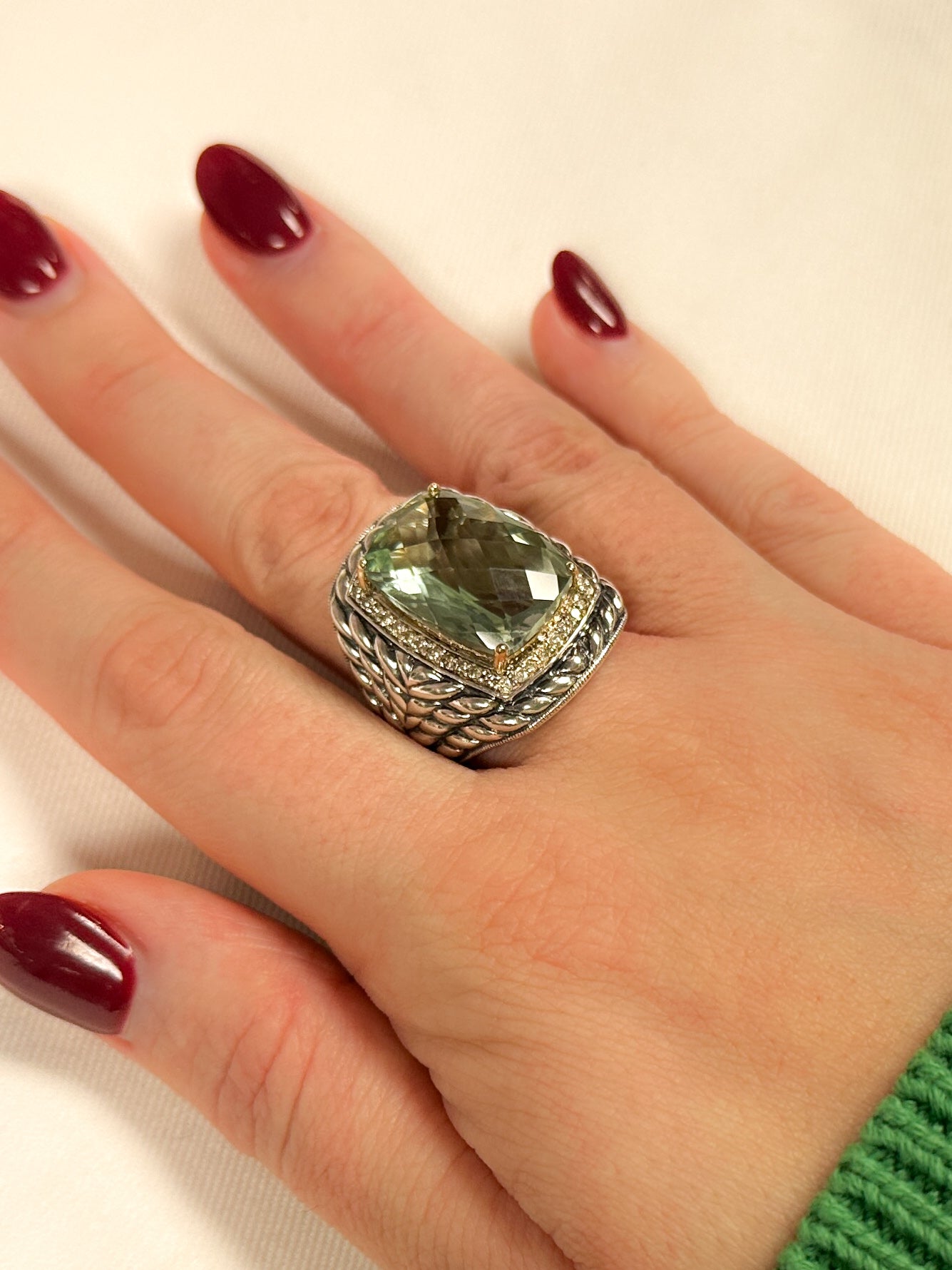 Prasiolite Cushion Sterling Ring