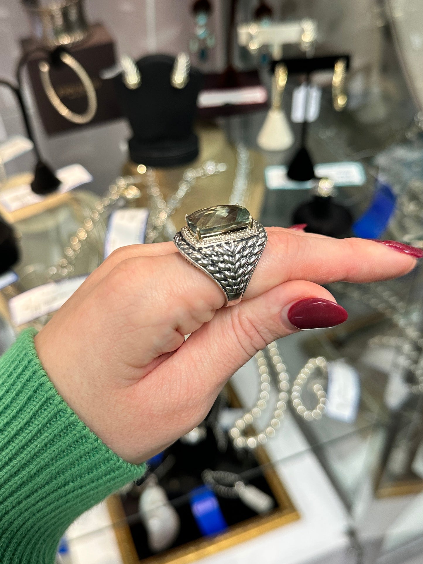 Prasiolite Cushion Sterling Ring